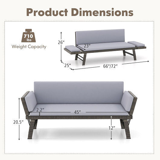 Outdoor Convertible Sofa Daybed with Adjustable Armrests for Balcony-Gray-2