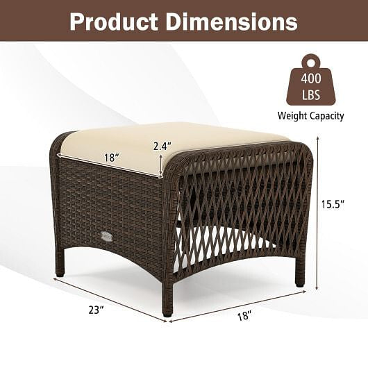 Set of 2 Outdoor Patio PE Wicker Ottomans with Removable Cushions-Beige