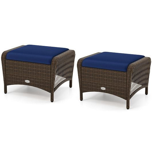 Set of 2 Outdoor Patio PE Wicker Ottomans with Removable Cushions-Beige