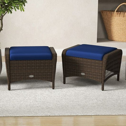 Set of 2 Outdoor Patio PE Wicker Ottomans with Removable Cushions-Beige