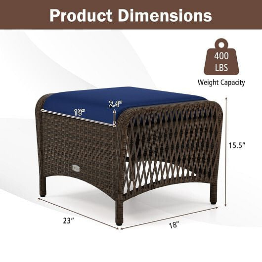 Set of 2 Outdoor Patio PE Wicker Ottomans with Removable Cushions-Beige