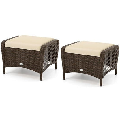 Set of 2 Outdoor Patio PE Wicker Ottomans with Removable Cushions-Beige