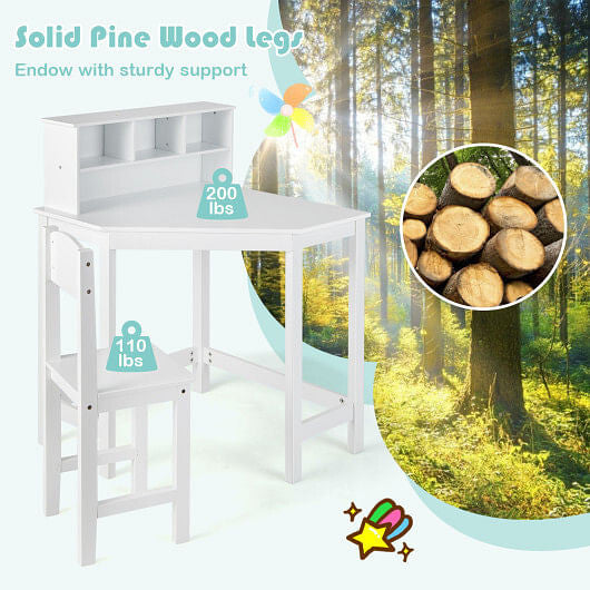 Kids Wooden Corner Desk and Chair Set with Hutch and Storage-White