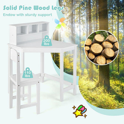 Kids Wooden Corner Desk and Chair Set with Hutch and Storage-White