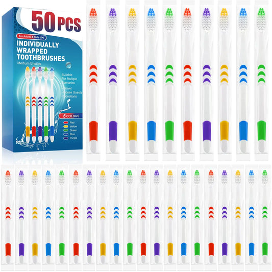 Navona 50 PCS Individually Wrapped Bulk Toothbrush Pack Disposable Toothbrush Soft Toothbrush for Adult or Kid Soft Bristle Toothbrush Ergonomics Handle Perfect for Travel Hotel Donation
