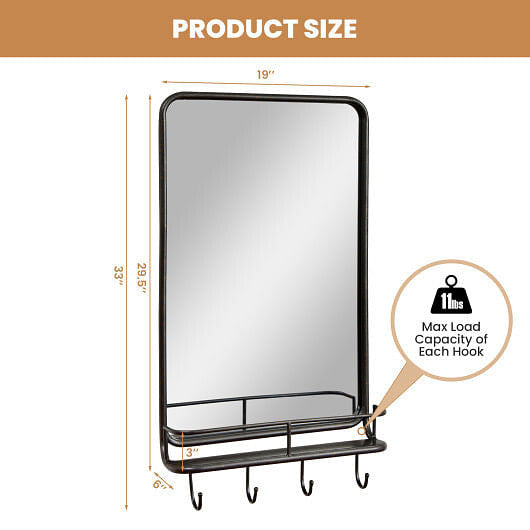 Wall Bathroom Mirror with Shelf Hooks Sturdy Metal Frame for Bedroom Living Room-3