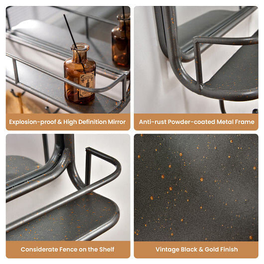 Wall Bathroom Mirror with Shelf Hooks Sturdy Metal Frame for Bedroom Living Room-4