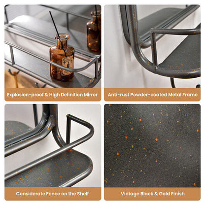 Wall Bathroom Mirror with Shelf Hooks Sturdy Metal Frame for Bedroom Living Room-4