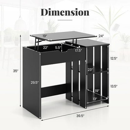 Space Saving Computer Desk with Hidden Compartment and Open Storage Shelves-Black-3