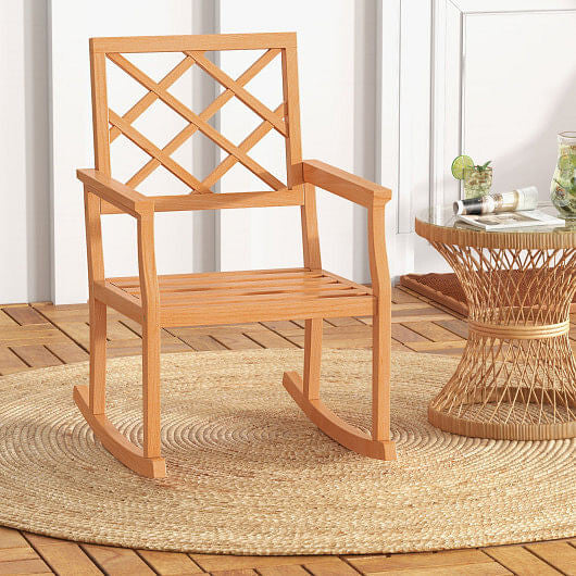 Teak Wood Rocking Chair Oversized Porch Rocker with Backrest and Slatted Seat-1