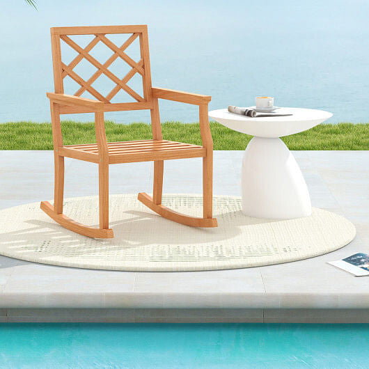 Teak Wood Rocking Chair Oversized Porch Rocker with Backrest and Slatted Seat-3