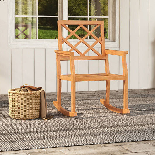 Teak Wood Rocking Chair Oversized Porch Rocker with Backrest and Slatted Seat-2