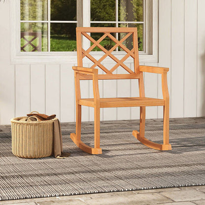 Teak Wood Rocking Chair Oversized Porch Rocker with Backrest and Slatted Seat-2