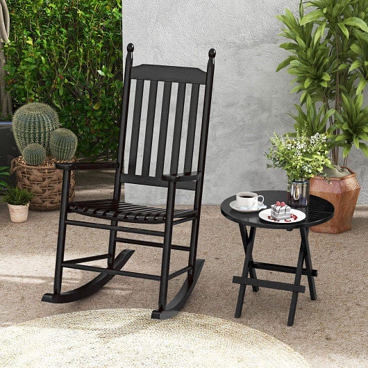 High-Back Acacia Wood Outdoor Rocking Chair with Solid Rocking Base-Black-2