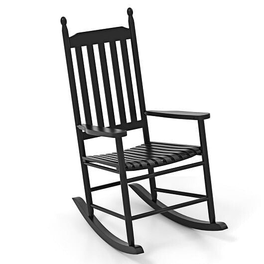 High-Back Acacia Wood Outdoor Rocking Chair with Solid Rocking Base-Black-0