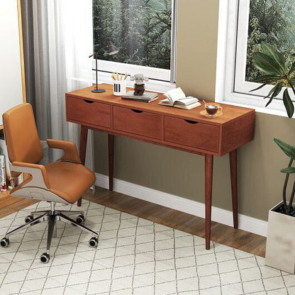 48 Inch Writing Computer Desk with 3 Drawers Solid Wood Legs-Walnut-0