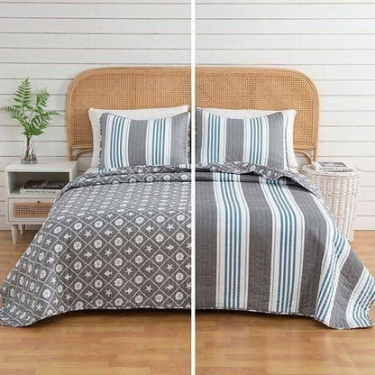 King 3 Piece Coastal Starfish Sand Dollar Grey Blue White Nautical Quilt Set-0