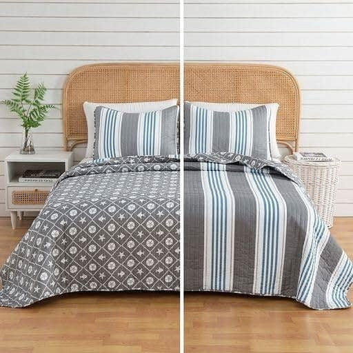 King 3 Piece Coastal Starfish Sand Dollar Grey Blue White Nautical Quilt Set-0