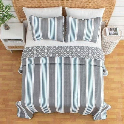 King 3 Piece Coastal Starfish Sand Dollar Grey Blue White Nautical Quilt Set-1