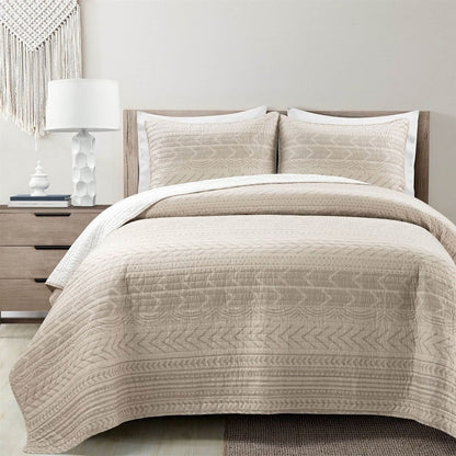 King Scandinavian Chevron Beige Tan White Reversible Cotton Quilt Set-2