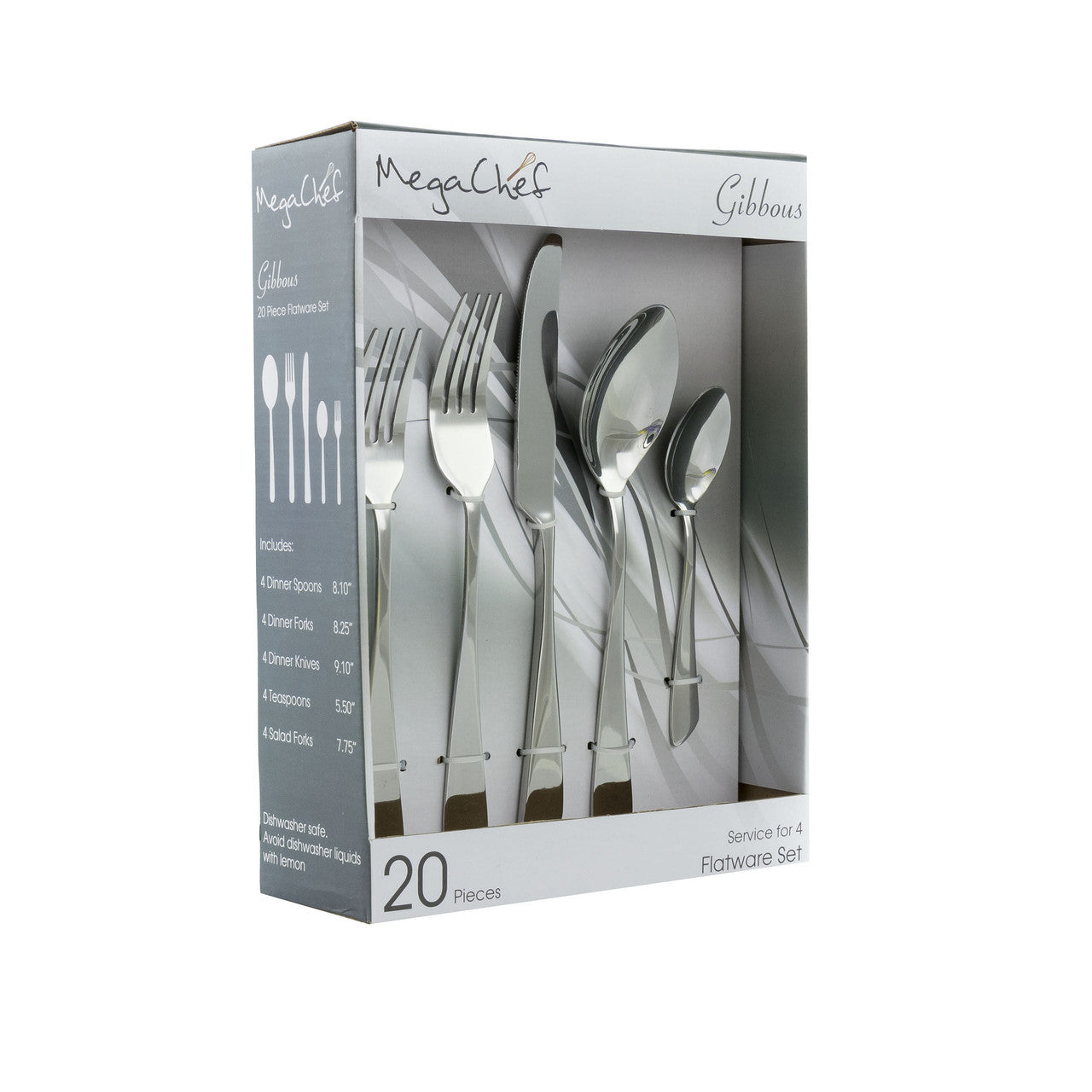 MegaChef Gibbous 20 Piece Flatware Utensil Set, Stainless Steel Silverware Metal Service for 4 in S-0