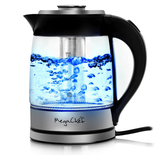 MegaChef 1.9 Quart Cordless Glass and Stainless Steel Electric Tea Kettle with Tea Infuser-0