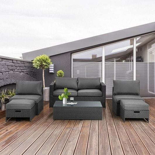 6 Pieces Patio Rattan Furniture Set with Glass Table and Cushioned Seat-Gray-1