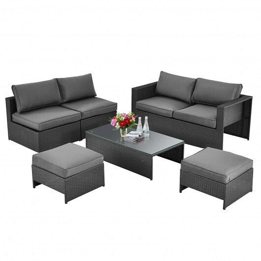 6 Pieces Patio Rattan Furniture Set with Glass Table and Cushioned Seat-Gray-0