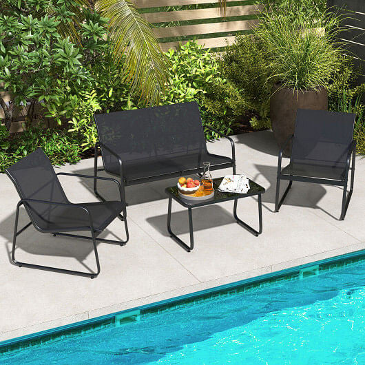 4 Pieces Outdoor Conversation Set with Tempered Glass Coffee Table-Black-1