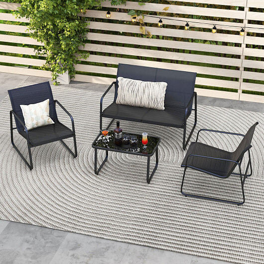 4 Pieces Outdoor Conversation Set with Tempered Glass Coffee Table-Black-3