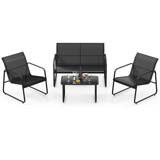 4 Pieces Outdoor Conversation Set with Tempered Glass Coffee Table-Black-4