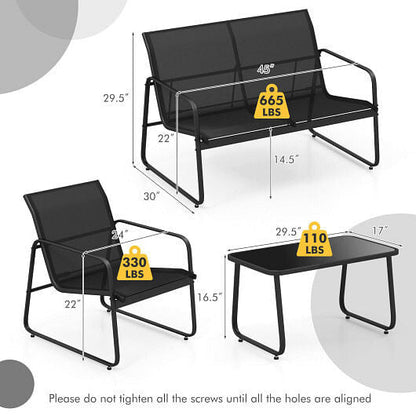 4 Pieces Outdoor Conversation Set with Tempered Glass Coffee Table-Black-2