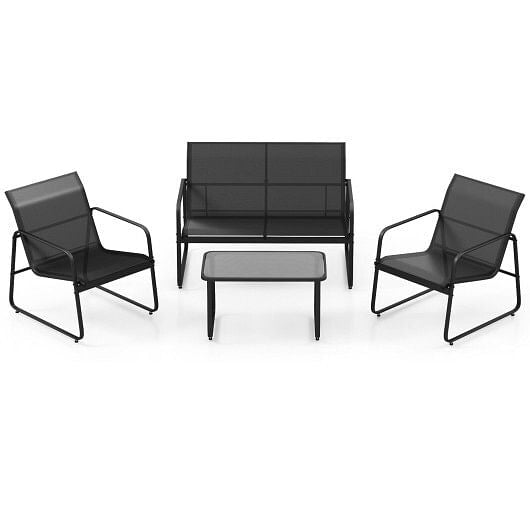 4 Pieces Outdoor Conversation Set with Tempered Glass Coffee Table-Black-0