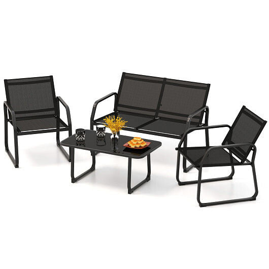4 Pieces Patio Conversation Set with Breathable Fabric Seat and Tempered Glass Tabletop-Black-0