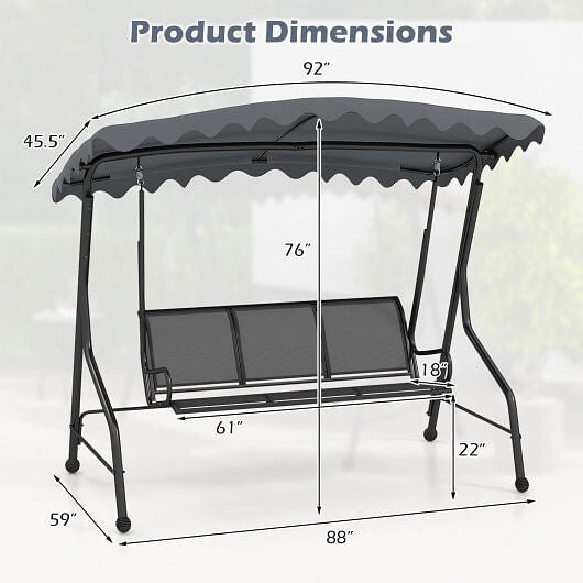 3-Seat Outdoor Porch Canopy Swing with Adjustable Shading-Gray-2