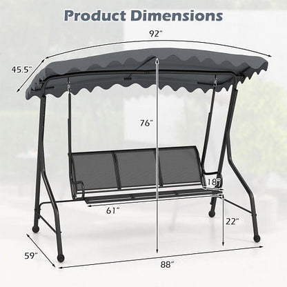 3-Seat Outdoor Porch Canopy Swing with Adjustable Shading-Gray-2