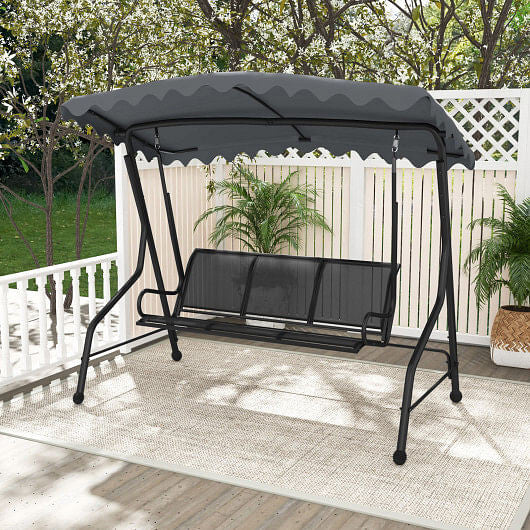 3-Seat Outdoor Porch Canopy Swing with Adjustable Shading-Gray-3