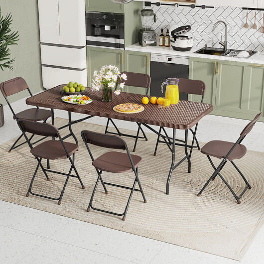 6 ft Portable Folding Table with Rattan-Like HDPE Tabletop and Safe Lock Mechanism-Brown-1