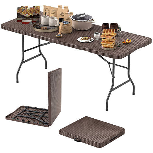 6 ft Portable Folding Table with Rattan-Like HDPE Tabletop and Safe Lock Mechanism-Brown-2