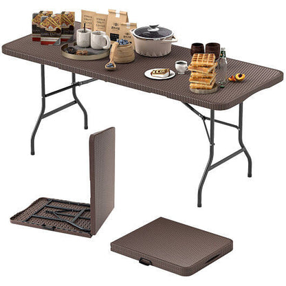 6 ft Portable Folding Table with Rattan-Like HDPE Tabletop and Safe Lock Mechanism-Brown-2