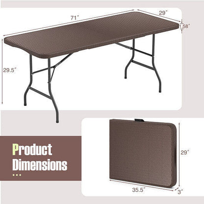 6 ft Portable Folding Table with Rattan-Like HDPE Tabletop and Safe Lock Mechanism-Brown-3