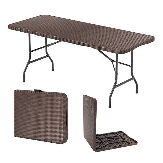 6 ft Portable Folding Table with Rattan-Like HDPE Tabletop and Safe Lock Mechanism-Brown-4