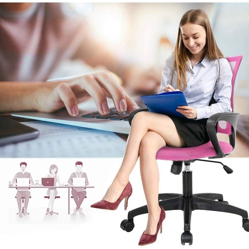 Pink Modern Mid-Back Ergonomic Mesh Office Desk Chair with Armrest on Wheels-1