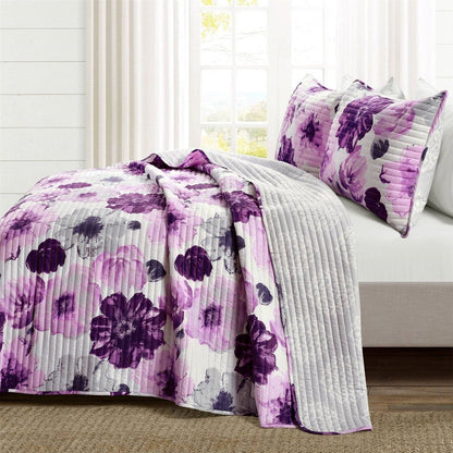 Full/Queen Purple Grey Flowers Lightweight Polyester Microfiber Quilt Set-0