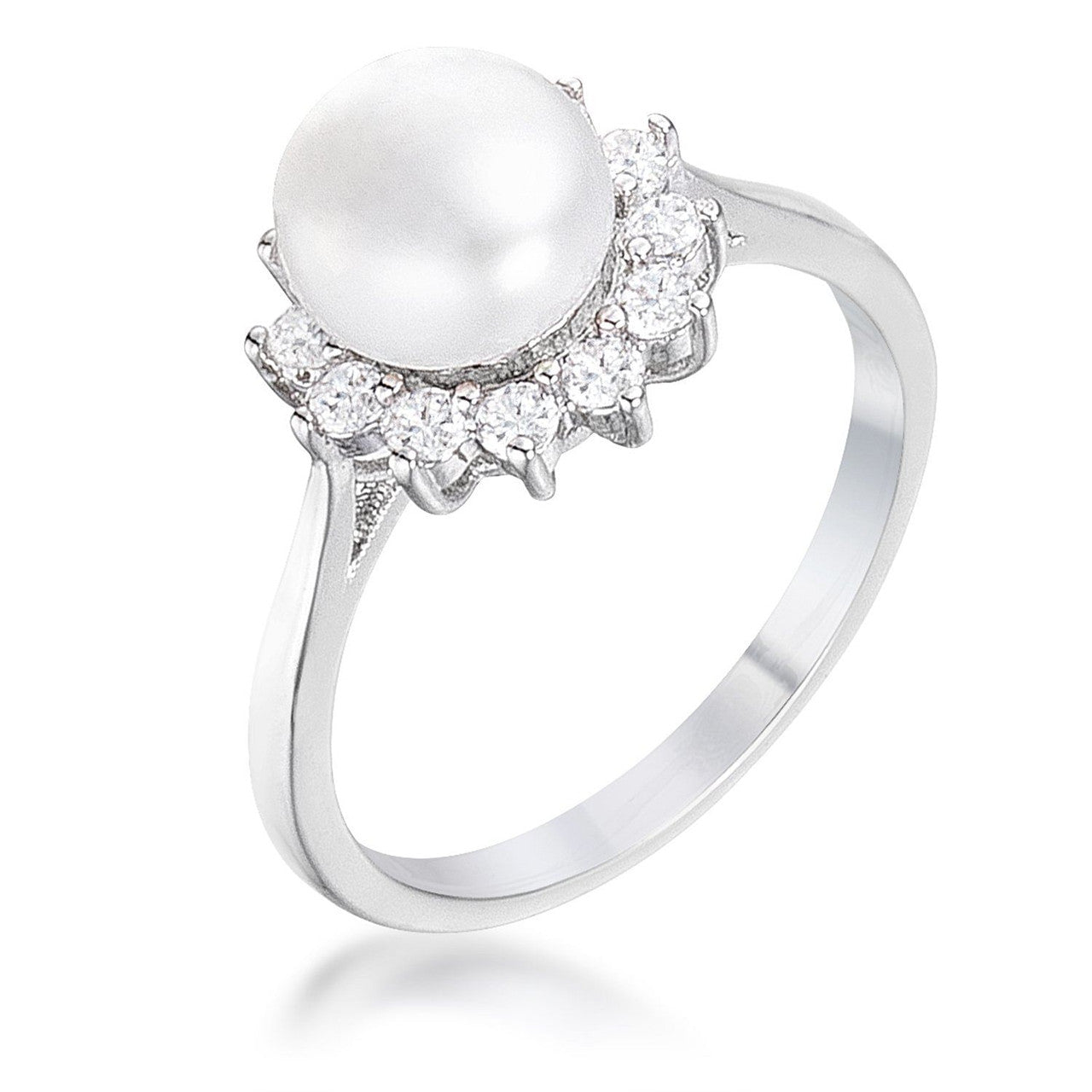 .36Ct Rhodium Plated Freshwater Pearl and CZ Halo Ring-0