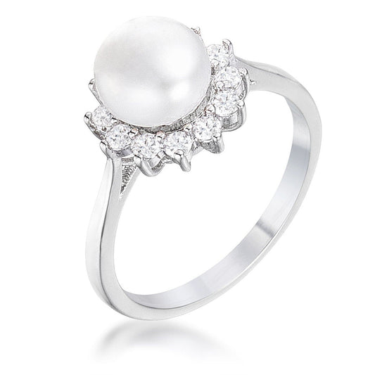 .36Ct Rhodium Plated Freshwater Pearl and CZ Halo Ring-0