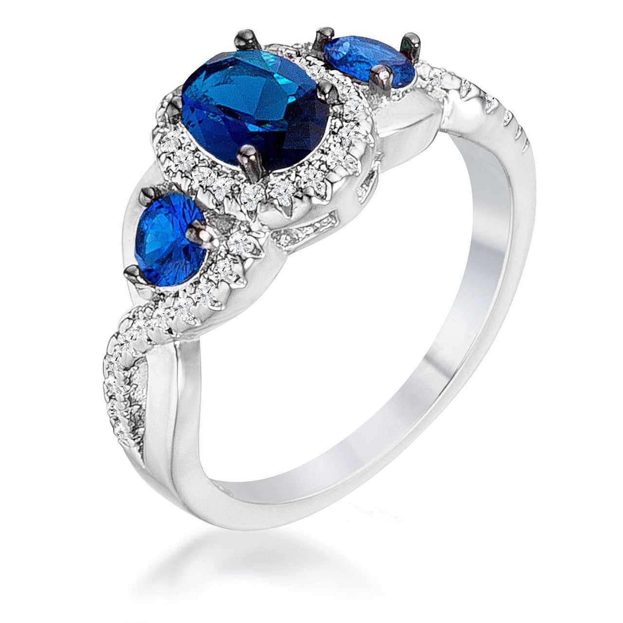 1.43Ct Rhodium & Hematite Plated Sapphire Blue & Clear CZ Three Stone Twisted  Ring-1