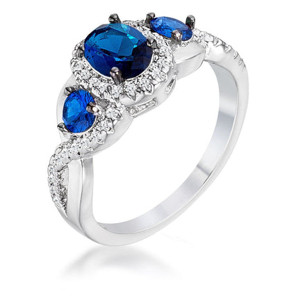 1.43Ct Rhodium & Hematite Plated Sapphire Blue & Clear CZ Three Stone Twisted  Ring-1