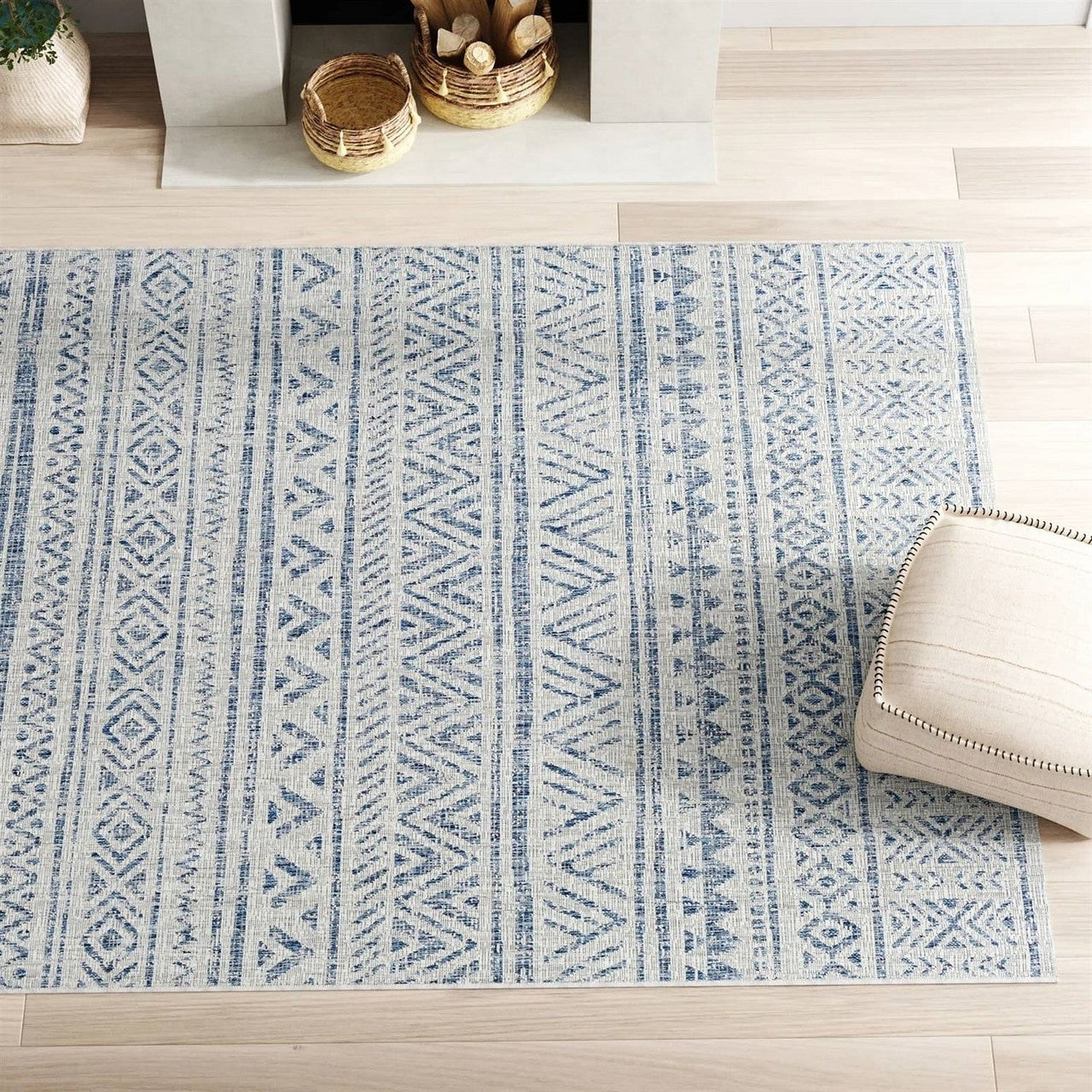 6.5 ft. x 9 ft. Blue Grey Chevron Coastal Boho Style Indoor Outdoor Area Rug-2