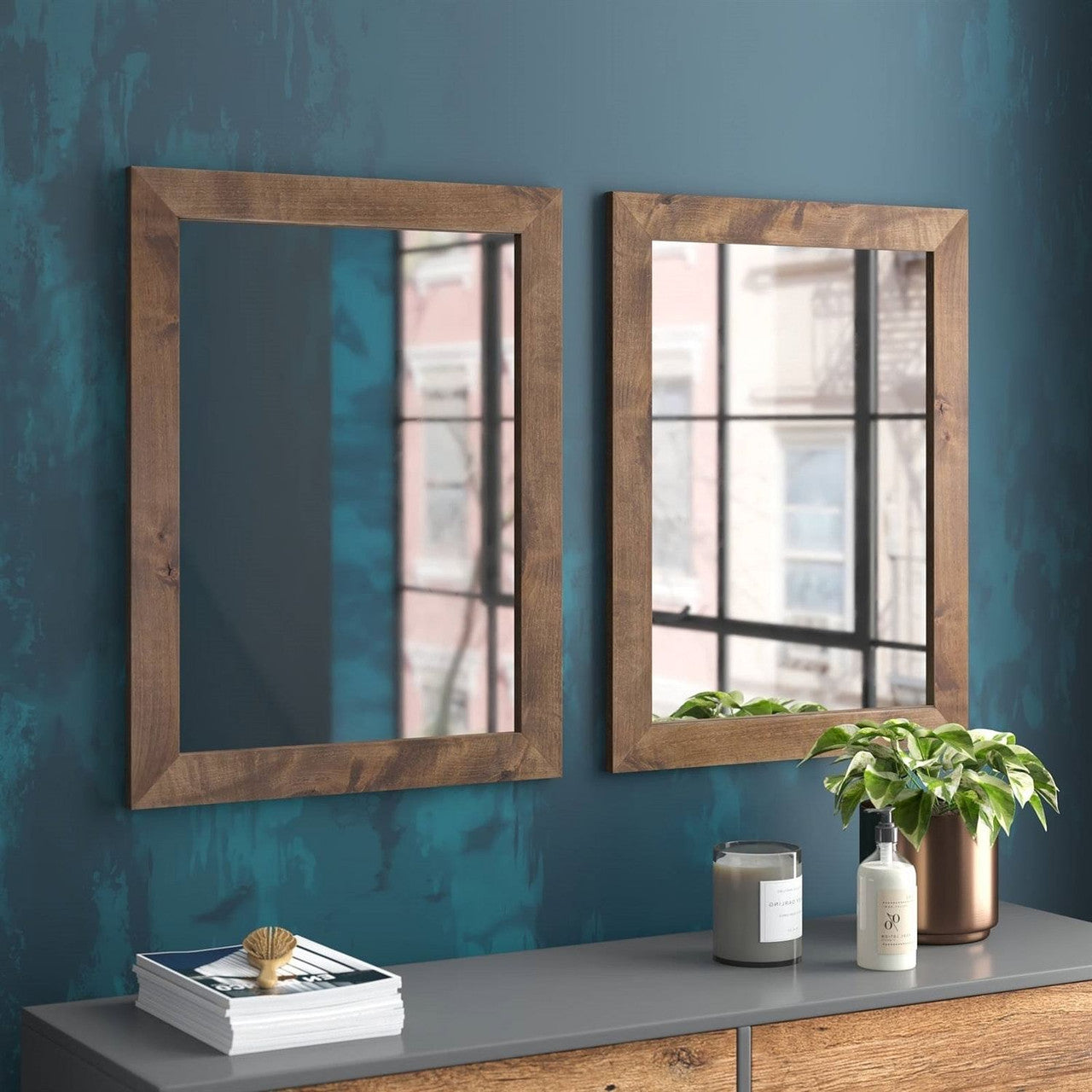 Set of 2 Modern Farmhouse Mirror Set Distressed Brown Wood Frame 31 x 24 inch-0
